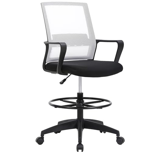 BestOffice Drafting Chair Tall Office Chair Adjustable Swivel Rolling Mesh Height with Lumbar Support Arms Footrest Mid Back for Adults Standing Desk Drafting Stool (Beige) - color: Beige
