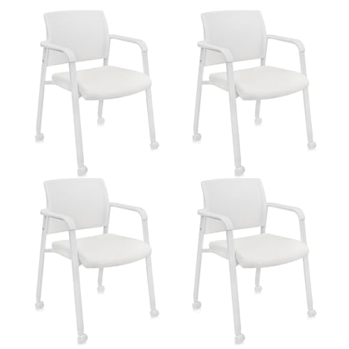 CLATINA Mesh Back Guest Reception Stacking Chair with Wheels, Waiting Room Stackable Chairs with Upholstered Leather Seat & Ergonomic Lumbar Support for Office Conference School Lobby, White, 4 Pack - color: White_leather_wheels, size: 4pack