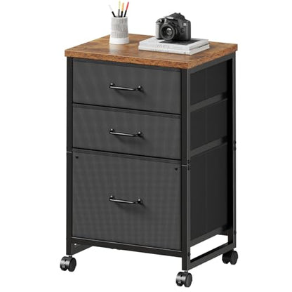 Maihail 3 Drawer File Cabinet with Wheels with Open Storage Shelf, Rustic Brown - color: Rustic Brown