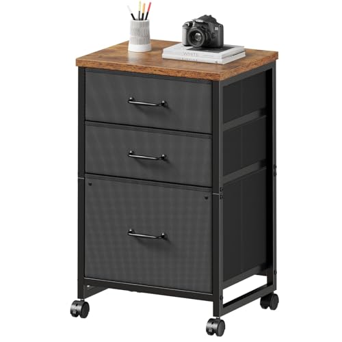 Maihail 3 Drawer File Cabinet with Wheels with Open Storage Shelf, Rustic Brown - color: Rustic Brown