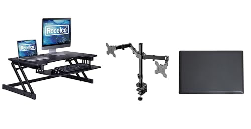 Rocelco 37.5" Deluxe Height Adjustable Standing Desk Converter with Dual Monitor Mount and Anti Fatigue Mat BUNDLE - Sit Stand Up Computer Workstation Riser - Keyboard Tray - Black (R DADRB-DM2-MAF) - color: Black, size: 37.5", style: Riser+Dual Mount+Flo