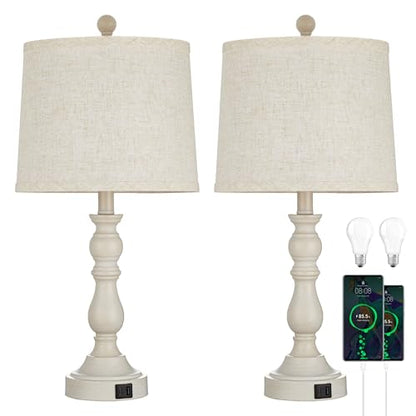 23'' Table Lamps Set of 2, Lamps for Bedroom, USB C+A Ports, Beige - color: D.Beige, Grey