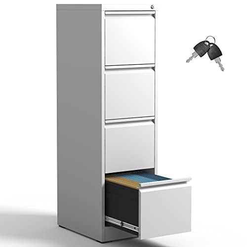 IKIMI 4 Drawer Metal File Cabinet with Lock,White Office Filing Cabinets - color: White, size: 4 Drawers