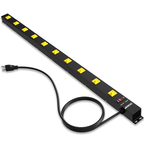 10 Outlet Long Power Strip Wide Spaced Metal Power Strip with 4FT Cord | Heavy Duty Industrial Power Strip for Work Bench Garage Shop, Overload 2100J Protection Switch, ETL Listed (15A/1875W), Black - size: 4FT