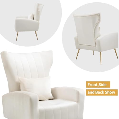 Velvet Accent Chairs Set of 2, Modern Living Room Chair with Gold Legs & Pillow, Bedroom Side Chair with High Wingback, White - color: White, size: 2PCS with Channel Tufted