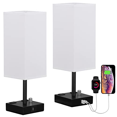 White Bedside Table Lamps Set of 2 - Dimmable, USB C+A, 2 AC Outlets | Stepless Dimmable by Rotary Knob, 3000K LED Bulbs Included, Square White Linen Shade, Nightstand Lamp for Living Room, Desk - color: White