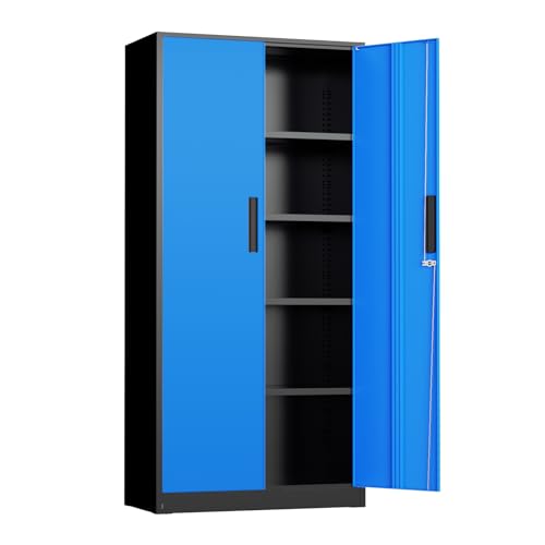 Metal Storage Cabinet, 72" Locking Steel Cabinets with 2 Door and 4 Adjustable Shelves, Tall Metal Cabinet for Home Office, Garage, Warehouse, Black+Blue - color: Black Blue, size: 71" High