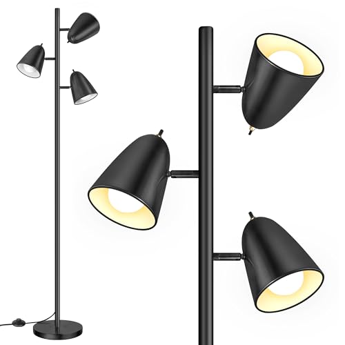 QiMH Tree Floor Lamp with 3 Light Bulbs, Standing Tall Pole Lamps for Living Room Bedroom Office, Reading Stand up Lamps with 3 Adjustable Arms, Black - color: Black