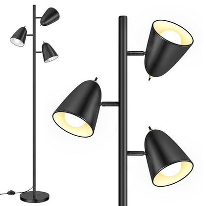 QiMH Tree Floor Lamp with 3 Light Bulbs, Standing Tall Pole Lamps for Living Room Bedroom Office, Reading Stand up Lamps with 3 Adjustable Arms, Black - color: Black