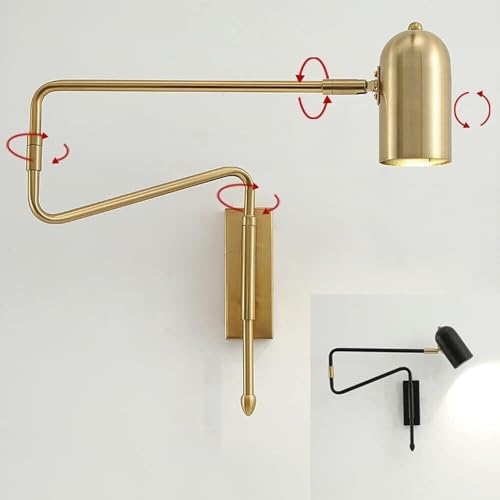Modern Industrial Swing Arm Wall Sconce Black and Gold Metal Adjustable Long Arm Fixture Wall Mounted Lamp for Bedroom Bedside Reading Living Room Task Light Oldsix-66(Gold) - color: Gold