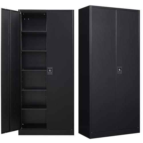 MIIIKO Metal Cabinet for Storage, Locking Door Tall Steel Storage Cabinet with 5 Shelves, Black Garage Cabinet Organizer, 71" Heavy Duty Utility Cabinets with Lock 2 Doors - color: Black, style: 71"H