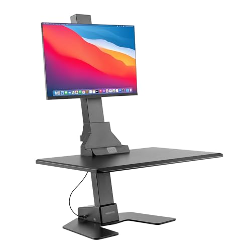 Mount-It! Electric Standing Desk Converter - Motorized Sit-Stand Desk Riser with Monitor Mount, Standup Powered Desktop Lift for Single Monitor up to 32", 28" Wide Keyboard Tray, Adjustable Height - color: Black, size: Single Monitor