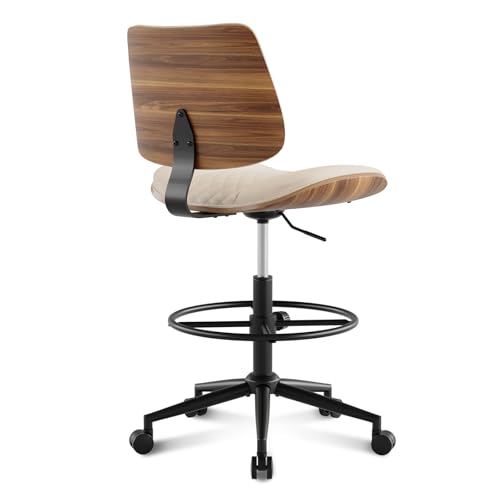 Drafting Chair with Adjustable Footrest, Rolling Walnut Stool, Beige - color: Beige