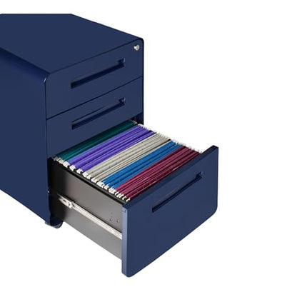Laura Davidson Furniture Stockpile 3 Drawer File Cabinet with Lock - Under Office Desk Metal Filing Cabinet, Legal/Letter File Folders, Wheels and Stationary Feet, Pre-Assembled, Navy Blue - color: Navy Blue