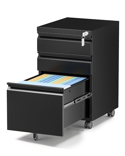 3-Drawer File Cabinet with Lock, Mobile Filing Cabinet, Fully Assembled - color: Black, size: 14.6"W x 24.4"H x 17.3"D - F