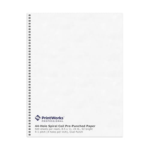 PrintWorks Professional Pre-Punched Spiral Binding Paper - 44-Hole (4:1 Pitch Hole Punch) - Book Binding Printer Paper - Made in the USA - 500 Sheets - 8.5" x 11" - 24 lb - 92 Bright White (04147) - size: 24 lb, style: Spiral, 44-Hole