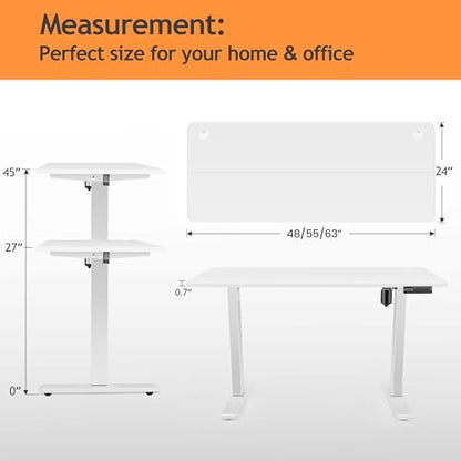 Electric Standing Adjustable Height Desk, 55'' x 24''Computer Workstations with Wheels and Double Hooks, 27''-46'' Lifting Range Stand up Desk(White) - color: White, size: 55 x 24''