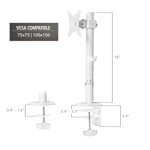 Mount-It! White Single Monitor Stand, Fits up to 32" | Adjustable desk arm holds up to 19.8 lbs, 360 rotation, 160 swivel, 40 tilt, clamp & grommet. - color: White