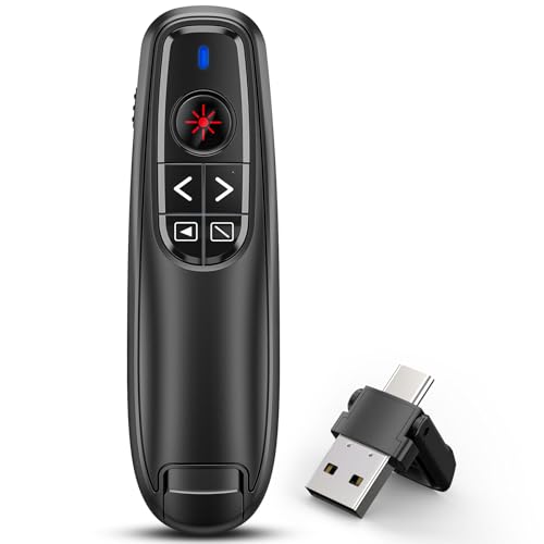 Presentation Clicker for Powerpoint Presenter Remote with Laser Pointer | Wireless Slide Advancer for Computer/Mac/Laptop/PPT, Red Pointer, RF 2.4GHz USB A and Type C Receiver, Plug and Play, Black