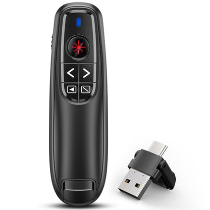 Presentation Clicker for Powerpoint Presenter Remote with Laser Pointer | Wireless Slide Advancer for Computer/Mac/Laptop/PPT, Red Pointer, RF 2.4GHz USB A and Type C Receiver, Plug and Play, Black