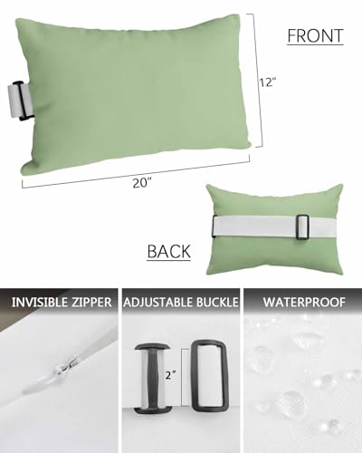 Outdoor Pillow for Lounge Chair with Strap & Insert Sage Green Recliner Head Pillow Solid Green Color Waterproof Headrest Patio Lumbar Pillows for Beach Pool Office Chaise Chair 12x20 Inch - color: Sage Green, size: 1 Pack - 12"x20"