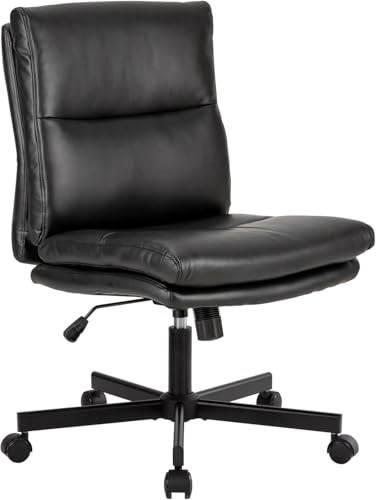 LUCKWIND Armless Office Desk Chair with Wheels, Mid-Back Criss Cross Swivel Task Chair, Height Adjustable Cushioned Vanity Chair, Double Padded PU-Leather Chairs for Home, Office & Bedroom (Black) - color: Black