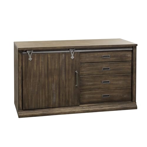 Pemberly Row Mid-Century Wood Computer Credenza, 54 in Wide, Rustic Saddle Brown Finish, Sliding Barn Door Design, Adjustable Shelves, File Drawer, Wire Management, Home Office Storage Cabinet
