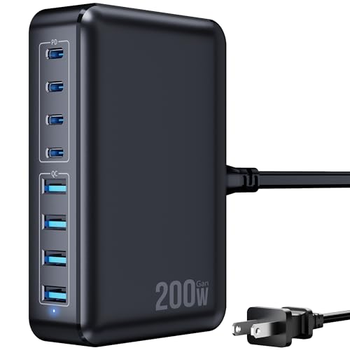 200W USB C Charger Block, 8-Port USB C Charging Station GaN III PD 65W Laptop Fast Charger Adapter for MacBook Pro/Air/Neo, DELL, iPad Pro/Air/Mini, iPhone 17/16/15/14/13/12/11, Samsung and More - color: Black, size: 200W