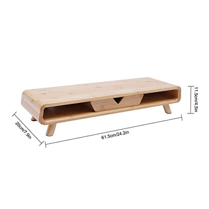 Bamboo Monitor Stand Riser with Drawer, 24 Inch No Assembly Required Desk Organizer, Ergonomic 4.5 Inch Height Wood Computer Stand for Laptop, Printer, Office Accessories