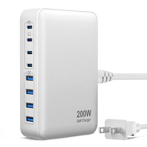 200W USB C Charger USB C Charger Block,Upgraded GaN III 8-Port Fast Charging Station Hub,PD 65W Laptop Charging Adapter Compatible with MacBook Pro/Air,DELL,Steam Deck,iPhone 16/15/14,Galaxy S23/22 - size: 200W