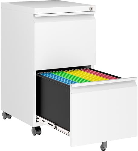 SISESOL Assembled 2 Drawer File Cabinet on Wheels,Metal Filing Cabinet with Lock,White Rolling File Cabinets,Under Desk Office Cabinets for Home Office,Fit A4/Letter/Legal,Pre-Assembled Except Caster - color: White, size: 26.2"H x 14.6"W x 17.32"D