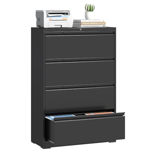 Lateral File Cabinet 4 Drawer, Metal File Cabinet with Lock - color: Black, size: 4 Drawer - Lateral