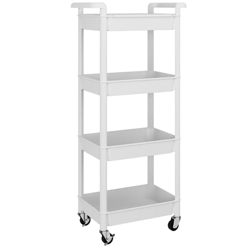 MIOCASA Utility Rolling Cart with Detachable Tray Top, 4-Tier Kitchen Storage Organization, Art Cart with Wheels for Office, Classroom, Livingroom, Kitchen, Bathroom (White, 4-Tier-Plastic) - size: 4-Tier, style: White