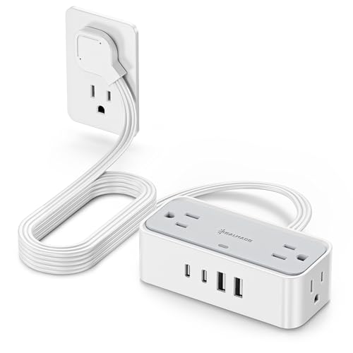 REALMADE 10 FT Flat Plug Extension Cord, 4 AC Outlets 4 USB Surge Protector Power Strip, 950 Joules Protection, Wall Mount Desk Charging for Home Office, White & Gray - size: 10FT