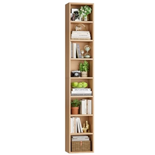FOTOSOK Bookshelf Bookcase 8-Tier Narrow Bookshelf Tall CD Media Tower Rack | 11.6 X 9.3 X 70.9 Bookshelf, Tall Narrow Slim Skinny Display Bookcase with Cube Storage and 4 Adjustable Shelves, Natural - color: Natural