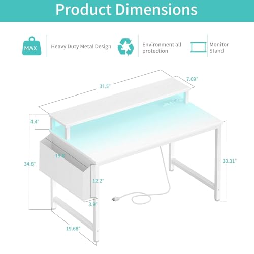 Lufeiya Small White Desk with LED Lights and Power Outlets, 32 Inch Home Office Computer Desks with Monitor Stand, Teen Writing Study Table Gaming Desk with Charging Station, White - color: White, size: 31.5"