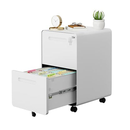 2 Drawer Mobile File Cabinet with Lock, 4 Keys and 25 Letter File Folders | Heavy-Duty Steel Rolling Filing Cabinet Pre-Assembled Under Desk for Home Office Letters/Legal/A4 Hanging File Folders - color: White, size: 25.8"H*15.7"W-2 drawers(25 letter fold