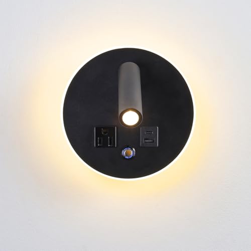 LED Round Wall Sconce with Dimmable Light, 6W+3W 3000K Night Light, Adjustable Plug-in Headboard Lamp with USB & USB-C Ports, Bedside Reading Light for Bedroom(Black) - color: Black