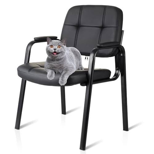 CLATINA Waiting Room Guest Chair, Leather Stationary Office Reception Chairs No Wheel, Comfy Padded Arms, for Conference Room Lobby Home Computer Desk Bedroom Elderly, Black - color: Black, size: 1 Pack