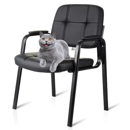 CLATINA Waiting Room Guest Chair, Leather Stationary Office Reception Chairs No Wheel, Comfy Padded Arms, for Conference Room Lobby Home Computer Desk Bedroom Elderly, Black - color: Black, size: 1 Pack