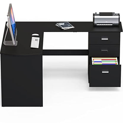 SHW L-Shaped Home Office Wood Corner Desk w/Box Box File Drawers, Black | 51 x 59 Inches | 2 Pre-installed Grommets - color: Black