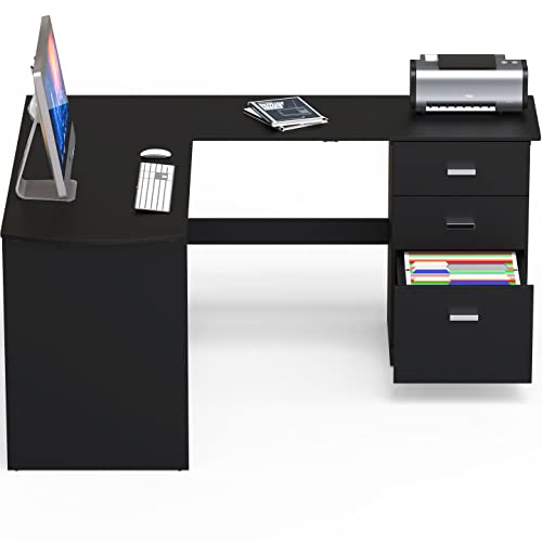 SHW L-Shaped Home Office Wood Corner Desk w/Box Box File Drawers, Black - color: Black