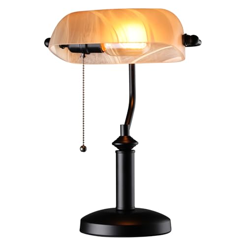 TORCHSTAR Pale Yellow Glass Bankers Desk Lamp with Pull Chain, E26 Base | Uniquely Textured Base, Antique Traditional Library Lamp for Office Study Room, Bulbs not Included - color: Pale Yellow
