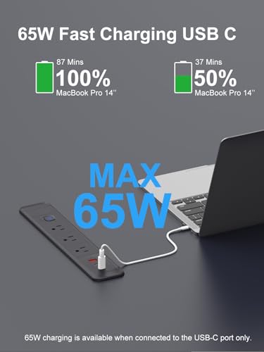 Recessed Power Strip 65W USB-C Fast Charging 3 AC Outlets for Home&Office | Drawer Outlet with 6ft Flat Plug Cable,Desk-Mounted Hidden Electrical Outlet ,Recessed Outlet Black