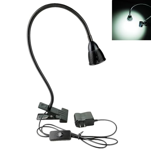 QUANS 5W COB Clip-on Adjustable Gooseneck Cool White LED Desk Reading Light | 19 Inch Black Adjustable Neck, 6000K 6500K, US Plug On/Off Switch, Metal Clamp for Sewing Study Bedside Craft Work Lighting - color: Cool White