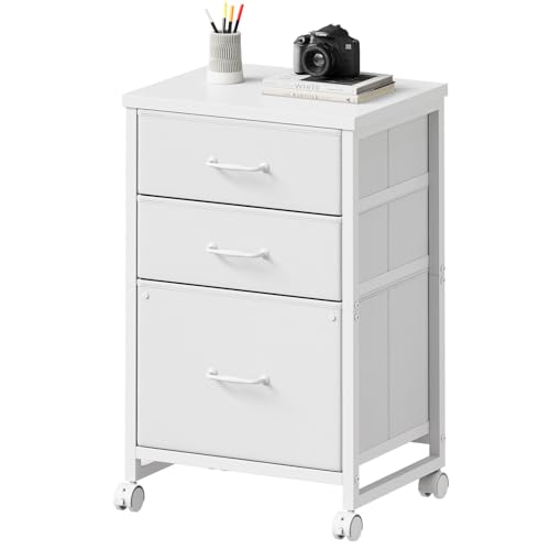 Maihail 3 Drawer File Cabinet with Wheels with Open Storage Shelf, White | Rolling Printer Stand Fabric Lateral Filing Cabinet for Home Office - color: White
