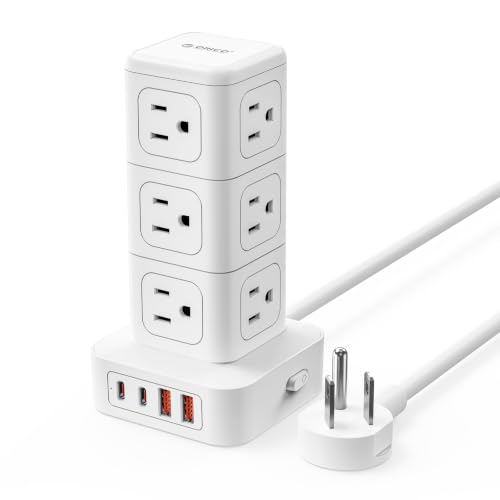 ORICO Tower Power Strip with Surge Protection, Charging Station Tower | with 12 AC Outlets 4 USB Ports (2 USB C), Space Saving Design, 5FT Tower Extension Cord for Home, Office, Dorm - TPP20 - color: White, size: 5FT