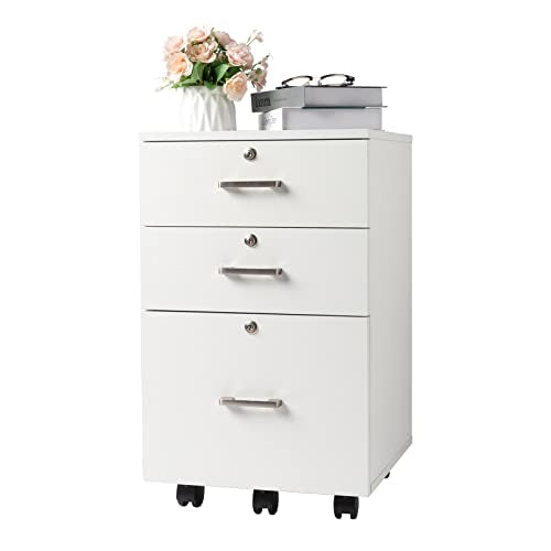 Bonnlo 26" H 3 Drawer File Cabinet with Lock, Rolling File Cabinet Under Desk, Mobile File Cabinets for Home Office, Wood White File Cabinet Printer Stand for Letter Size Hanging/Manila File Folders - color: White