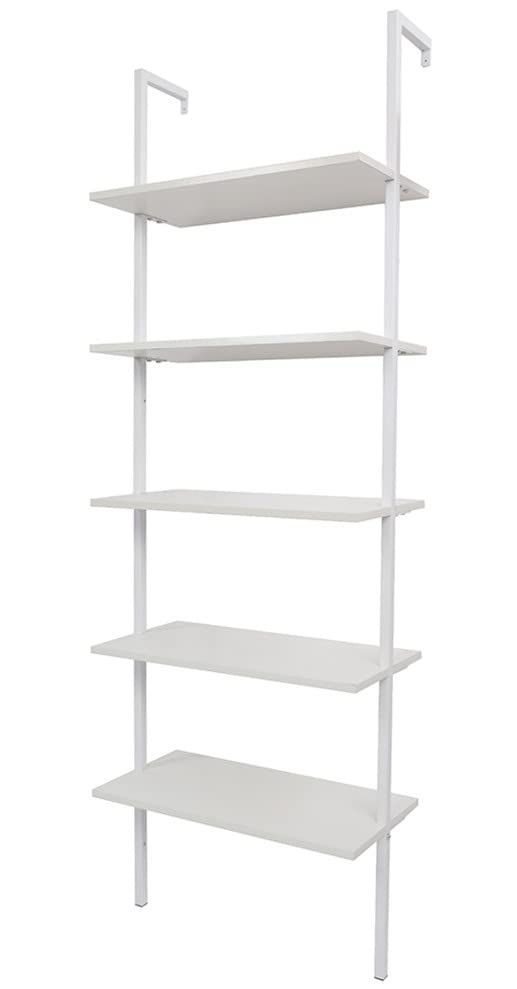 5-Shelf Modern Ladder Shelf Bookcase, Open Wall Mount Ladder Bookshelf with Metal Frame, Industrial Bookshelf and Bookcase, - color: White