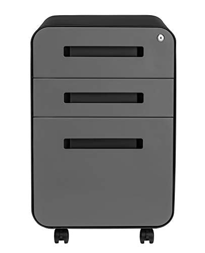 Laura Davidson Furniture Stockpile 3 Drawer File Cabinet with Lock - Under Office Desk Metal Filing Cabinet, Legal/Letter File Folders, Wheels and Stationary Feet, Pre-Assembled, Black/Grey - color: Black/Grey